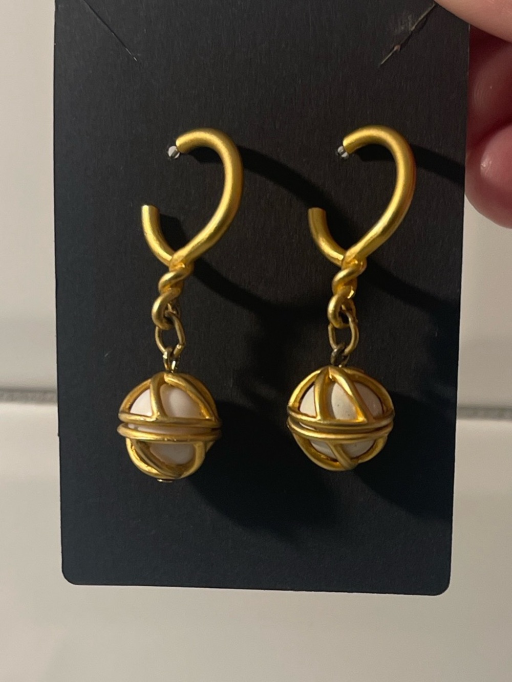 Gold Hoop Drop Earrings with Ivory Inlay